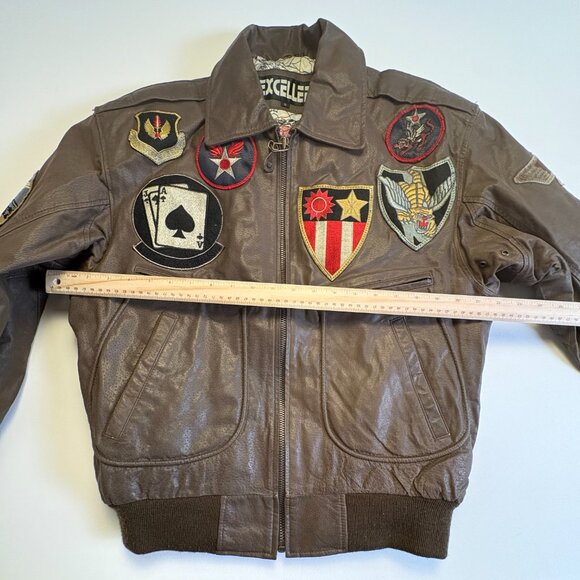 Vintage 80s Excelled Leather Bomber Jacket Patched Top Gun Flight A-2 Map Lining - Picture 11 of 12